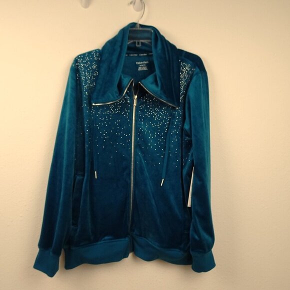 Calvin Klein Velour Zip Up Jacket Women's Plus Size 1X Green Embellished - Picture 2 of 9